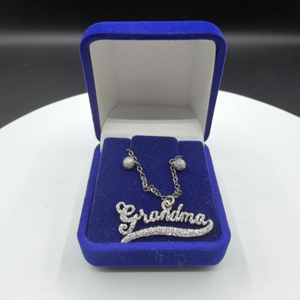 Grandma Rhinestone Script Pendant Necklace Silver Tone Statement Gift for Her